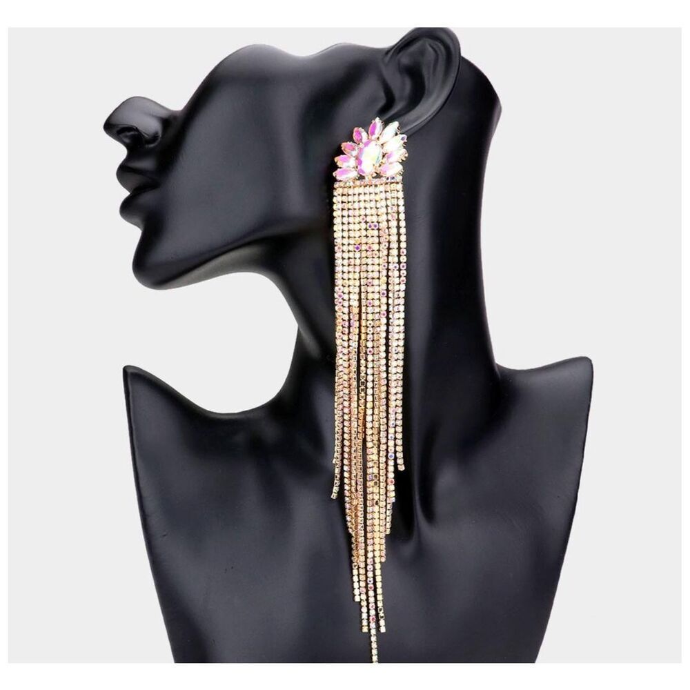 NEW Encour 8” AB rainbow fringe earrings. Special event glam.